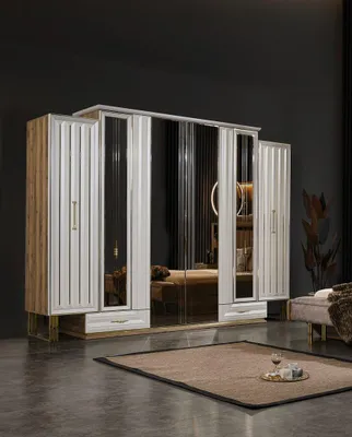 Produktbild von Garderobenschrank Luxus Kleiderschrank Holzschrank mit Spiegel Beige