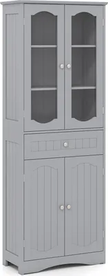 Produktbild von GOPLUS Badezimmerschrank hoch, freistehender Hochschrank mit 4 Türen & Schublade, Badschrank mit verstellbaren Einlegeböden, Grau