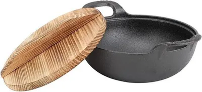 Produktbild von Gietijzeren Wokpan mit Holzdeckel und 2 Griffen - Ungeglühter traditioneller chinesischer Wok Frittierofen (20cm)