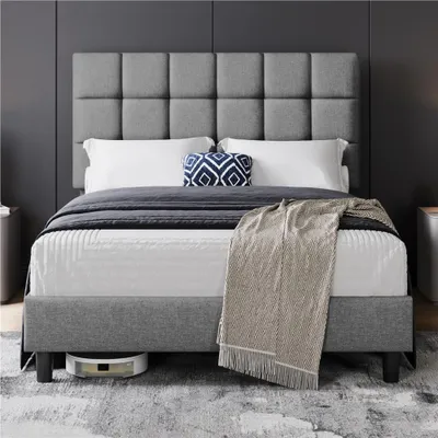 Produktbild von Yaheetech Polsterbett Doppelbett 140 x 200 cm, Bettgestell mit höhenverstellbarem Kopfteil, mit Lattenrost, Hellgrau
