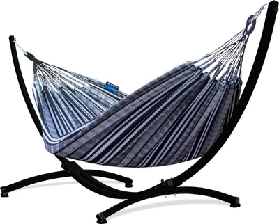 Produktbild von Potenza Outdoor Hängematte mit Gestell für 2 Personen I Pereira -  100% Baumwolle Doppelhängematte 220x140 cm, 160kg I Schwarz Hängemattengestell 220kg, wetterfest