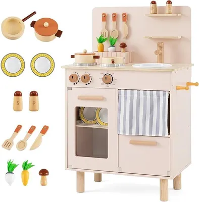 Imagen del producto de Cocina de madera para niños, cocina de juguete con horno y fregadero, cocina de madera (color beige)