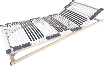 A slatted bed base is shown against a white background.