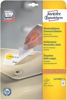 Image de Avery Zweckform L4743REV-25 Étiquettes universelles, 99,1 x 42,3 mm, 25 feuilles/300 étiquettes, blanc