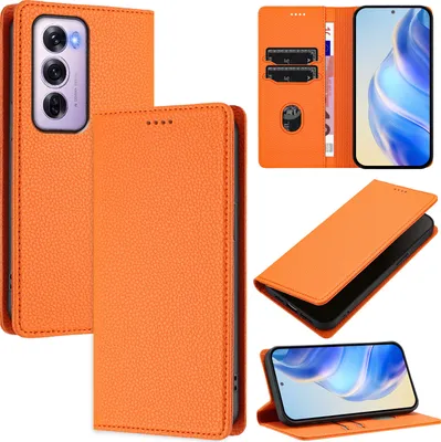 Produktbild von Litchi Leder Handyhülle für Oppo Reno12 Pro Wallet Kartenfächer Standfunktion Hülle Orange