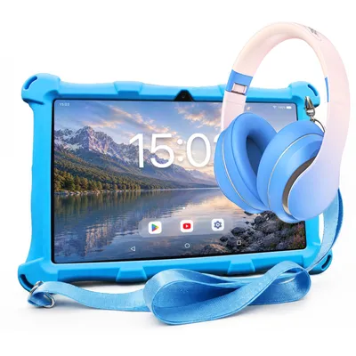 Produktbild von AngelTech Kinderpaket XL - Kindertablet + Kinderkopfhörer - Android 15 - 3+4 GB RAM - 32GB - Elternaufsicht - 10 Zoll - Blau