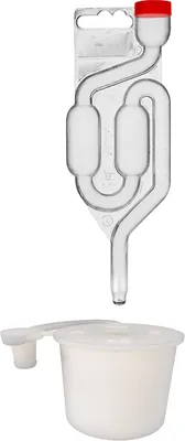 A fermentation airlock and stopper set on a white background.