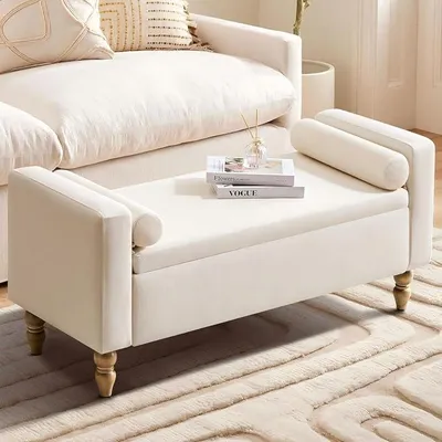 Produktbild von Sitzbank mit Stauraum, Leinen Gepolstert mit Armlehnen & Kissen, Aufbewahrungsbank mit Massivholzbeinen, Bettbank, Schuhbank für Schlafzimmer, Flur, Wohnzimmer, 116×45×42 cm, Beige