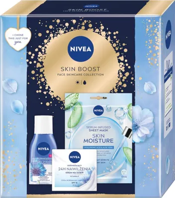 Produktbild von Skin Boost Set erfrischende Tagescreme 50ml + biphasischer Augen-Make-up-Entferner 125ml + feuchtigkeitsspendende Blattmaske 1 Stk