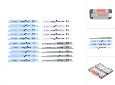 A collection of Bosch reciprocating saw blades and a storage case.