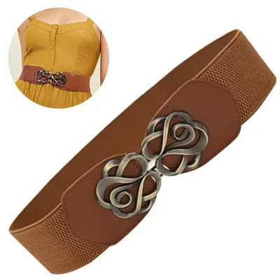 Produktbild von Stück Damen-Dehngürtel im Vintage-Stil, elastischer Taillengürtel, Gürtel mit Rosenblütenmotiv und Doppelschnalle