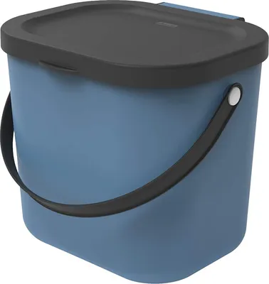 A blue compost bin with a black lid and handle is shown against a white background.
