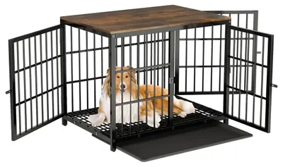 Produktbild von Holz Hundebox Möbel - Indoor Hundekäfig/Beistelltisch - 3 Türen - Herausnehmbare Bodenwanne - Holz & Metall - Größe M - Schwarz mit Dunkelwalnuss
