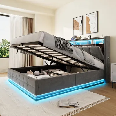 Produktbild von Polsterbett 160*200cm mit LED-Beleuchtung Offene Regale, Seitentaschen, USB/Type-C-Ladestation, Stauraum-Kopfbrett plus Federholzrahmen, Dunkelgrau