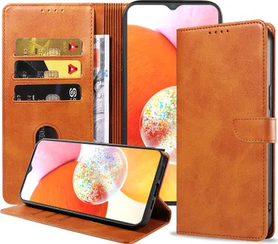 Produktbild von Geschikt voor Samsung  Galaxy A14 Telefoonhoesje Kunstleer met Magnetisch lipje en Pasjeshouder Book  Case met Klepje - Bruin - Smartphonica