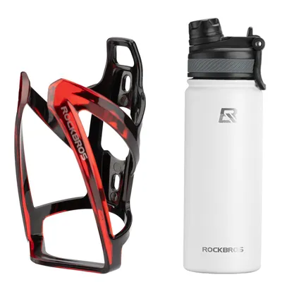Produktbild von ROCKBROS Fahrrad Thermoflasche 550 ml mit Flaschenhalter Set aus Edelstahl für Rennrad MTB Halter Schwarz-Rot Flasche Weiß