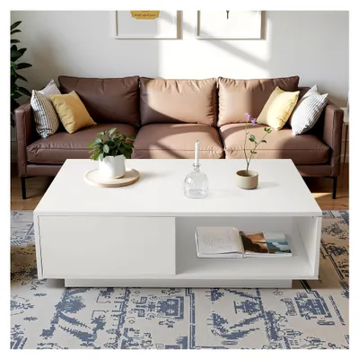 Produktbild von Weißer Couchtisch, Beistelltisch mit Schubladen, viel Stauraum, geeignet für Wohnzimmer und Büros. Maße: 90 cm x 55 cm x 31 cm