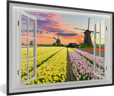 Produktbild von MuchoWow® MuchoWow® Gerahmtes Poster Aussicht - Sonnenuntergang - Tulpen 30x20 cm - Poster mit zchwarzem Bilderrahmen - Kunstdruck - Bild-Poster