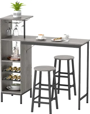 Image de HOMCOM Ensemble table de bar avec tabourets, table à manger debout avec 2 chaises de bar rond avec repose-pieds, avec étagères de rangement, casiers à vin, porte-verres, effet bois naturel