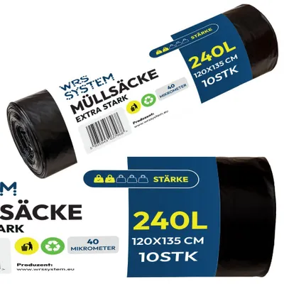 Zdjęcie produktu dla Worki na śmieci WRS System 240 l, 10 szt. Wytrzymałe worki na śmieci Worki budowlane Worki na odpady budowlane – czarne – uniwersalne do pojemników na śmieci