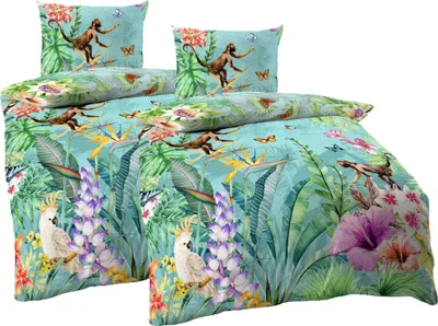 Produktbild von JACK by Kaeppel Mako Satin 4tlg. Digitaldruck Bettwäsche Äffchen Dschungel Kakadu Schmetterling Bunt Urwald, Größe:4 tlg. 155x220cm
