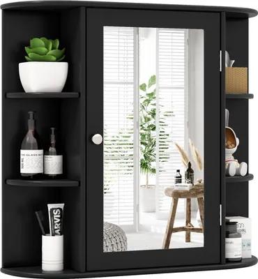 Produktbild von GOPLUS Spiegelschrank Holz mit einzelner Spiegeltür, Badschrank mit 3 inneren verstellbaren Regalen, Hängeschrank fürs Bad, 66 x 63 x 16,5 cm