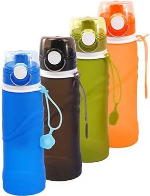 Four reusable water bottles in different colors lined up against a white background.