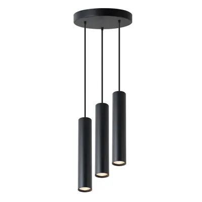 A black, three-light pendant lamp with cylindrical shades, suspended from a round ceiling plate.