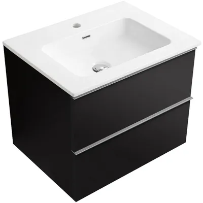 Produktbild von CERANO - Badezimmerschrank Velora - matt schwarz, Griff Chrom + Waschbecken Novo - glänzend weiß - 61x54,5x46,5 cm