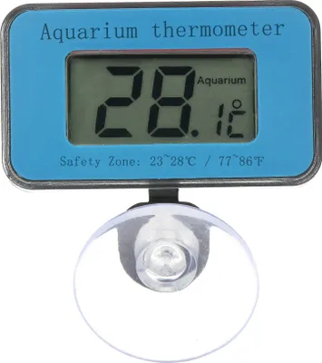 A digital LCD aquarium thermometer with a suction cup.