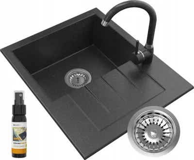 Produktbild von Granitan - Granitspüle - Küchenspüle - 57x46 cm - Schwarz - mit Armatur BETA und Abtropfgestell - MILANO