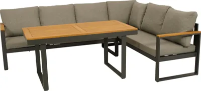 Produktbild von TPFGarden ECK-DININGSET Crawley (1x 3-sitzer Bank 187x65x71cm, 1x 3-sitzer Lounge mit Liegefunktion 187x65x71cm, 1x Tisch 140x70cm Tischplatte Akazie geölt) - Eck-Loungeset mit Gestell aus Aluminium pulverbeschichtet anthrazit, Polster grau. Materialzusammensetzung Bezüge: 100% Polyester. BxTxH: 187x187x71 cm