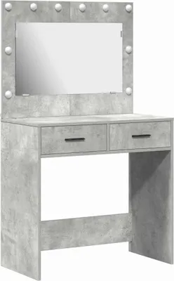A vanity table with a mirror and lights.