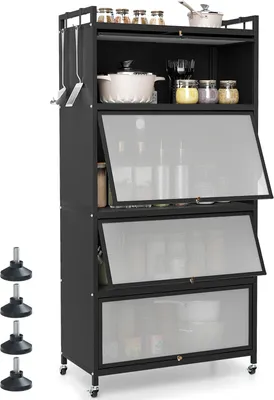Immagine prodotto di COSTWAY Armadio da cucina alto a 5 livelli, scaffale da cucina, supporto per microonde con rotelle, 4 porte pieghevoli per PC e 4 ganci, scaffale in piedi in metallo, armadio alto