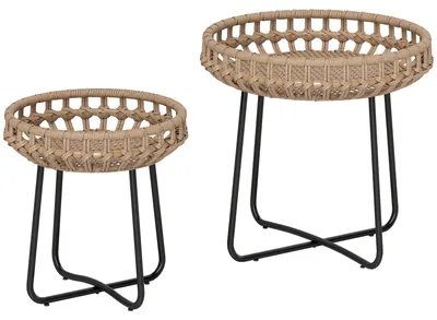 Obrázok produktu pre Sada 2 ks odkladacích stolíkov z polyrotangu, Ø 60/41 cm, okrúhle, odolné voči poveternostným vplyvom, záhradný stôl s nohami v tvare X, nastaviteľné podložky pod nohy, hnedé