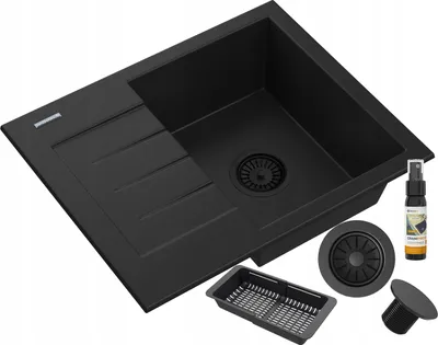 A black kitchen sink with accessories on a white background.