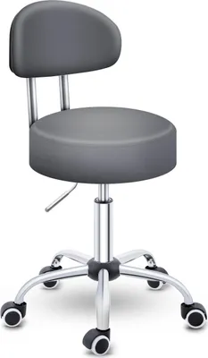 A gray rolling stool with a backrest.