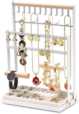 Produktbild von Sicherheitsbox für Schmuck, Schmuckorganizer mit 15 Haken, Schmuckstand, Schmuckkette Organizer, ideal für Ketten, Armbänder, Ohrringe, Ohrstecker, Ringe, Geschenkidee, weiß