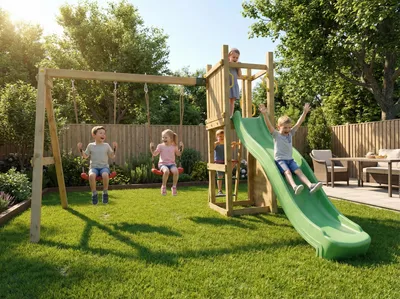 Produktbild von Fungoo Spielturm "Funny 3" natur mit Doppelschaukel, Rutsche und Kletterwand