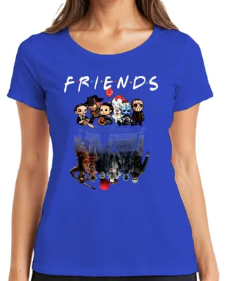 Productafbeelding van Vrienden: Horroriconen Pennywise, Michael, Jason, Freddy, Pinhead. Dames T-shirt, blauw, maat S