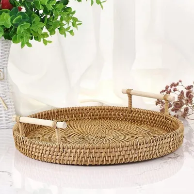 Runde Rattan Aufbewahrungsschale von 28 cm für Dekoration, Organisation und Geschirr auf dem Tisch für Kaffee, Tee und Snacks
