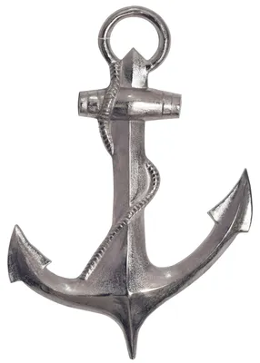 Deko Anker 70cm Silber Aluminium Maritim Wanddeko Modern in Silber mit geschwungenen Ankerfluken und Öse, Gesamtansicht.