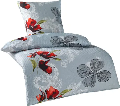 Produktbild von 2-tlg. Seersucker Bettwäsche 135x200 +80x80cm, grau, Blüten Muster, bügelfrei