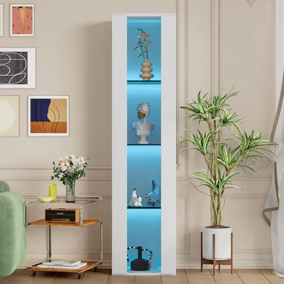 Produktbild von Sweiko 40 x 29 x 170 cm, multifunktionale Vitrine, Glastrennwand, LED-Farbwechsellicht, Fernbedienung/App-Einstellung, Acrylplatte, schlichtes Design, weiß