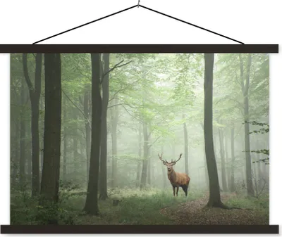 Produktbild von MuchoWow® Textilposter Hirsche - Wald - Bäume 120x80 cm mit schwarzem Rahmen - Wanddeko