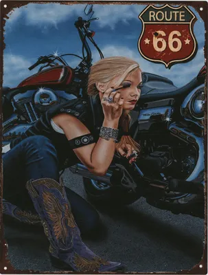 Productafbeelding van Blechschild G1337 Blonde Bikerin Route 66 25 x 33 cm