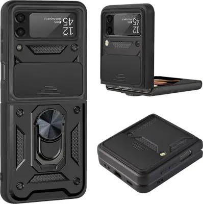 Immagine prodotto di Samsung Galaxy Z Flip3 2021 Custodia con anello, supporto, protezione fotocamera, paraurti in TPU, custodia in silicone per Samsung Galaxy Z Flip 3 5G nero