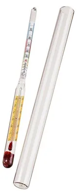 A glass hydrometer with a thermometer and a glass tube on a white background.