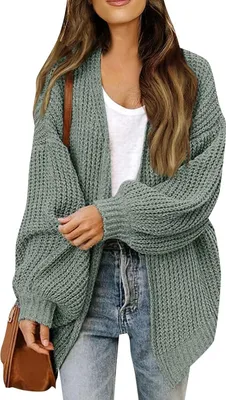 Produktbild von ASKSA Damen Cardigan Strickjacke Offene Front Strickpullover Elegant Laternenaermel Einfarbig Oversized Casual Strick Cardigan Strickmantel,Hellgruen,L
