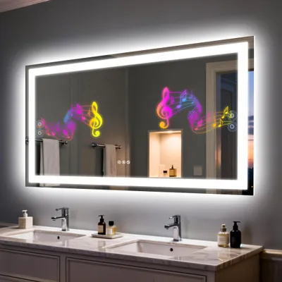 Zdjęcie produktu dla Lustro do łazienki WISFOR z oświetleniem Bluetooth, 120x70 cm, duże lustro ścienne z funkcją pamięci, 3 barwy światła, możliwość regulacji jasności, funkcja zapobiegająca parowaniu, klasa szczelności IP66